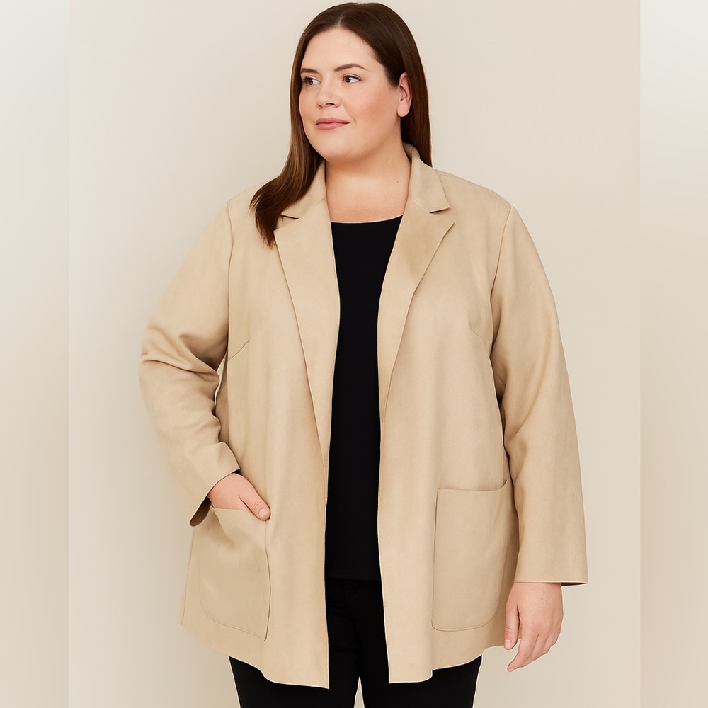 Premise Faux Suede Drape Open Front Long Line Jacket Cream Tan Plus Size 2X